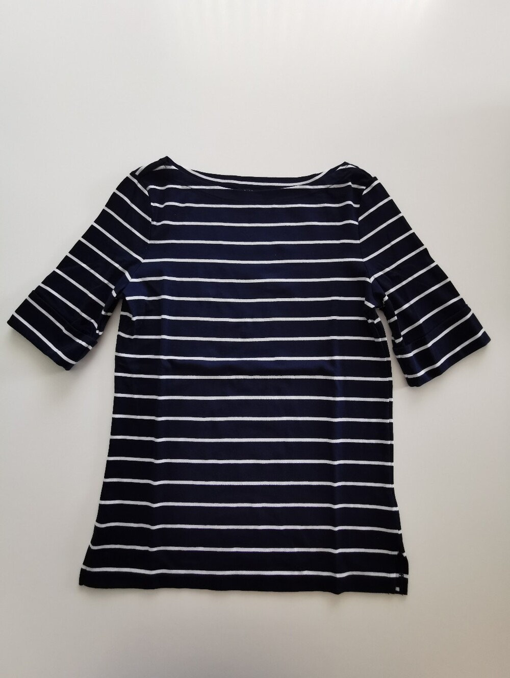 Lauren Ralph Lauren Navy & White Striped Boat Neck Cuff Short Sleeve T-shirt Top